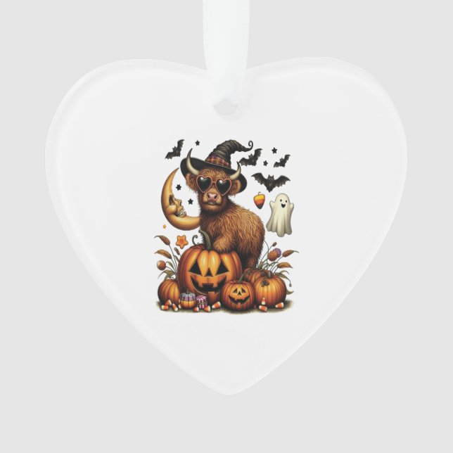 Highland Cow on Pumpkin Halloween Ornament (Front)