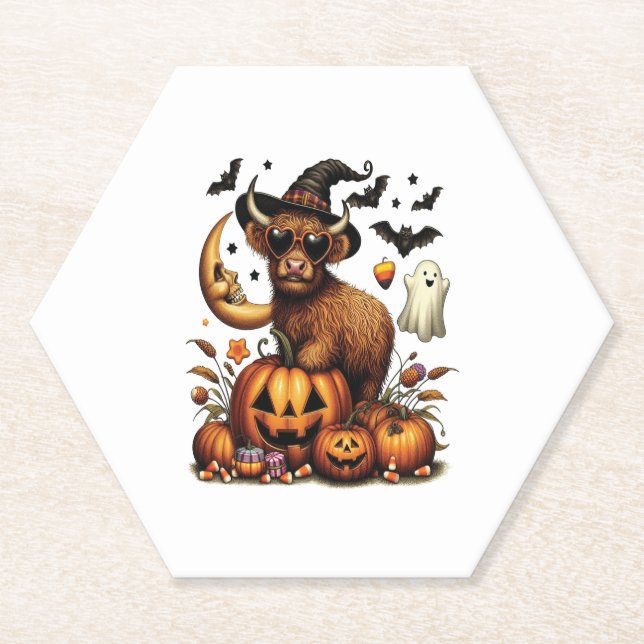 Highland Cow on Pumpkin Halloween Paper Coaster (Front)
