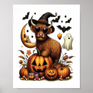 Highland Cow on Pumpkin Halloween Poster