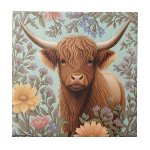 Highland Cow Pastel William Morris Inspired Floral Ceramic Tile