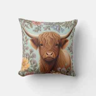 Highland Cow Pastel William Morris Inspired Floral Cushion