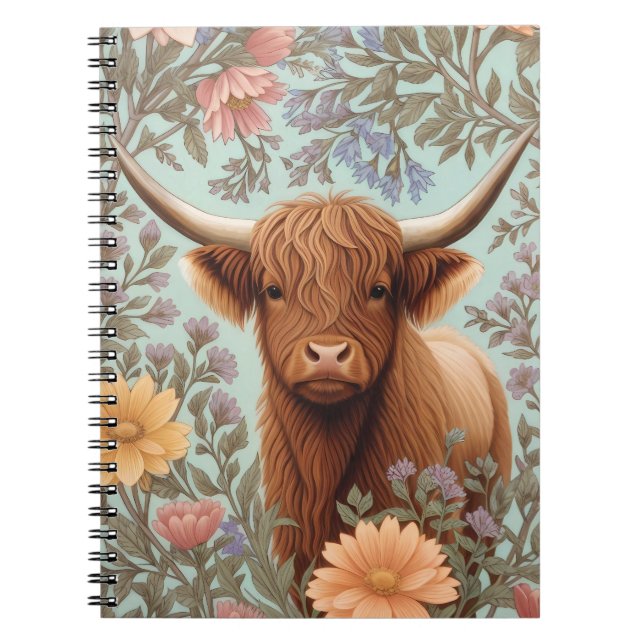 Highland Cow Pastel William Morris Inspired Floral Notebook (Front)