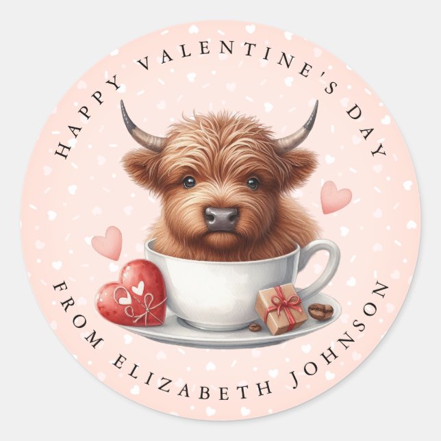 Highland Cow Personalised Name Round Stickers (Front)