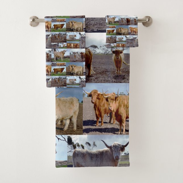 Highland Cow Photo Collage, Bath Towel Set (Insitu)