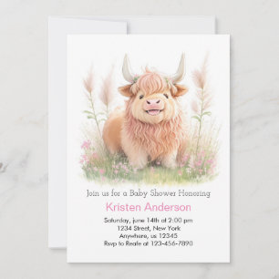 Highland Cow Pink Adventure Girl Baby Shower Invitation