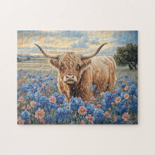 Highland Cow Pink and Blue Wildflowers Jigsaw Puzzle
