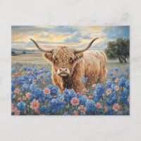 Highland Cow Pink and Blue Wildflowers