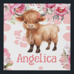 Highland Cow Pink Boho Floral  Faux Canvas Print<br><div class="desc">Personalised kids room highland Cow Pink floral wall decor.</div>