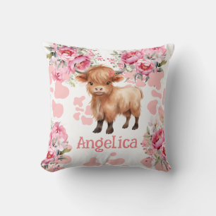 Highland Cow Pink Boho Kids Throw Pillow
