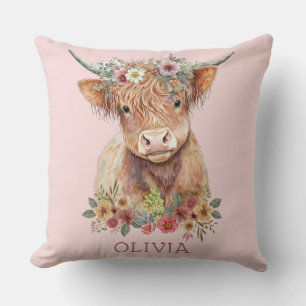 Highland Cow Pink Floral Whimsical Cute Girly Cushion