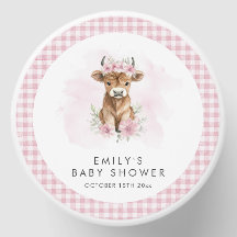 Highland Cow Pink Gingham Girl Baby Shower Favor