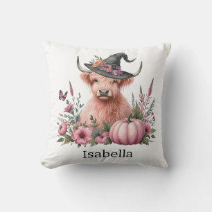 highland cow pink pumpkin flower cushion