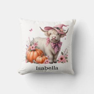 highland cow pink pumpkin flower cushion