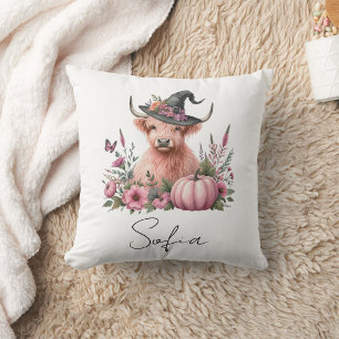 highland cow pink pumpkin flowers Throw Pillow