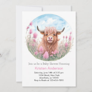 Highland Cow Pink Watercolor Girl Baby Shower Invitation