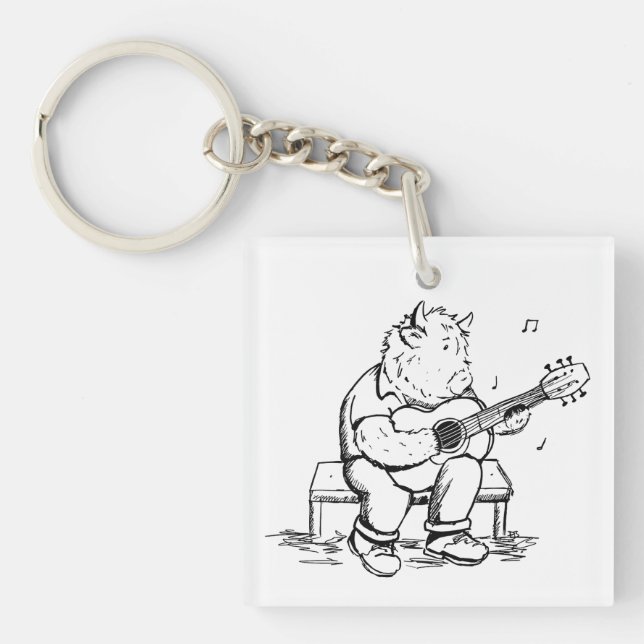 Highland Cow Plays Acoustic Guitar Key Ring (Front)