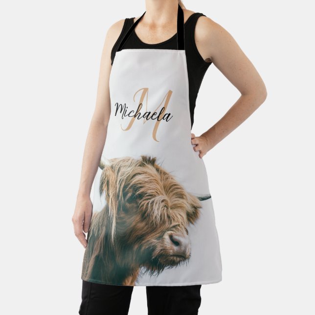 Highland cow portrait custom name initial monogram apron (Insitu)