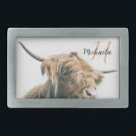 Highland cow portrait custom name initial monogram belt buckle<br><div class="desc">Highland cow portrait custom name initial monogram. Portrait photograph of a majestic orange brown highland cattle on a foggy day with white background.</div>