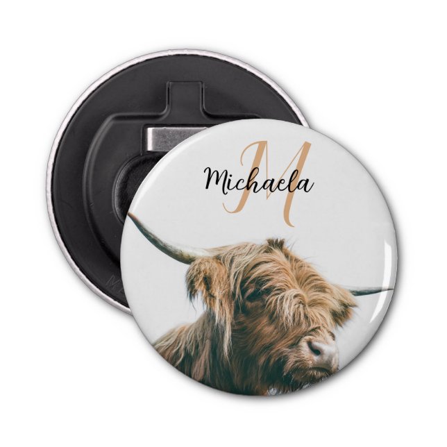 Highland cow portrait custom name initial monogram bottle opener (Front)