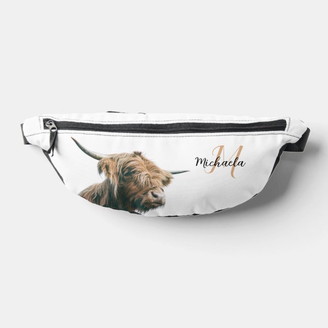 Highland cow portrait custom name initial monogram bum bags (Lay Down)