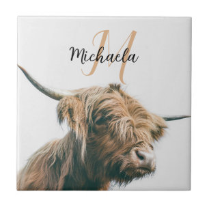 Highland cow portrait custom name initial monogram ceramic tile