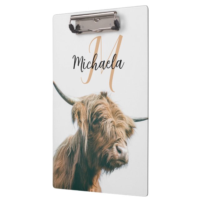 Highland cow portrait custom name initial monogram clipboard (Left)