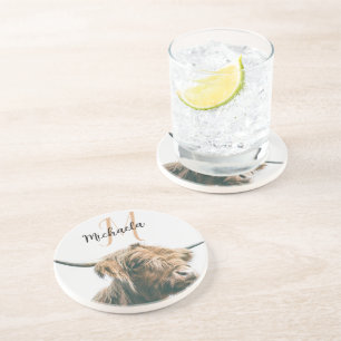 Highland cow portrait custom name initial monogram coaster