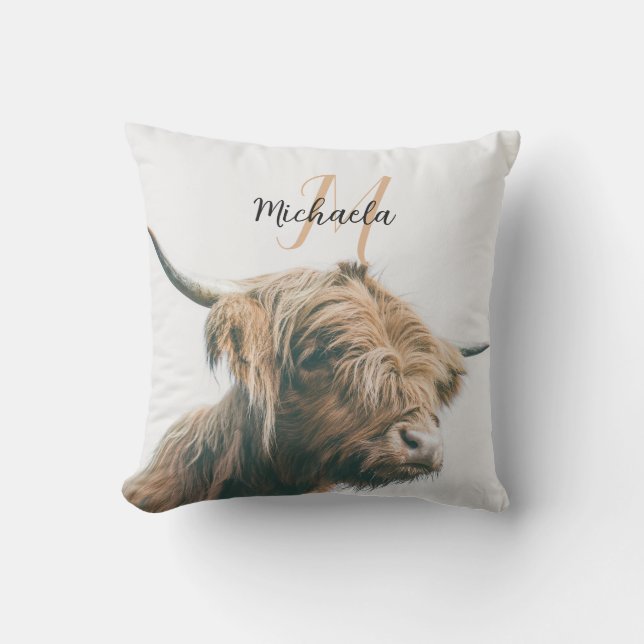 Highland cow portrait custom name initial monogram cushion (Front)
