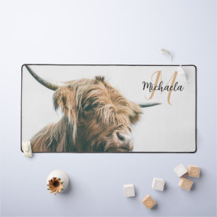 Highland cow portrait custom name initial monogram desk mat