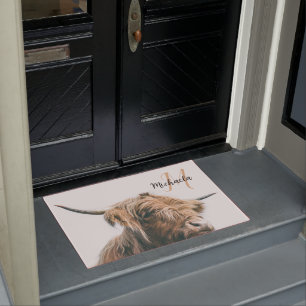 Highland cow portrait custom name initial monogram doormat