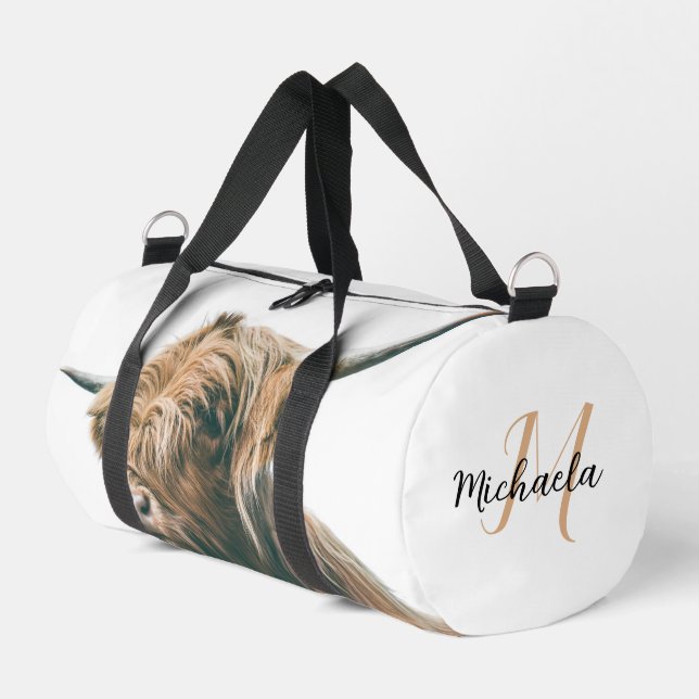 Highland cow portrait custom name initial monogram duffle bag (Left Corner)