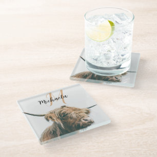 Highland cow portrait custom name initial monogram glass coaster