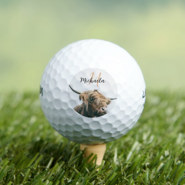 Highland cow portrait custom name initial monogram golf balls (Insitu Tee)