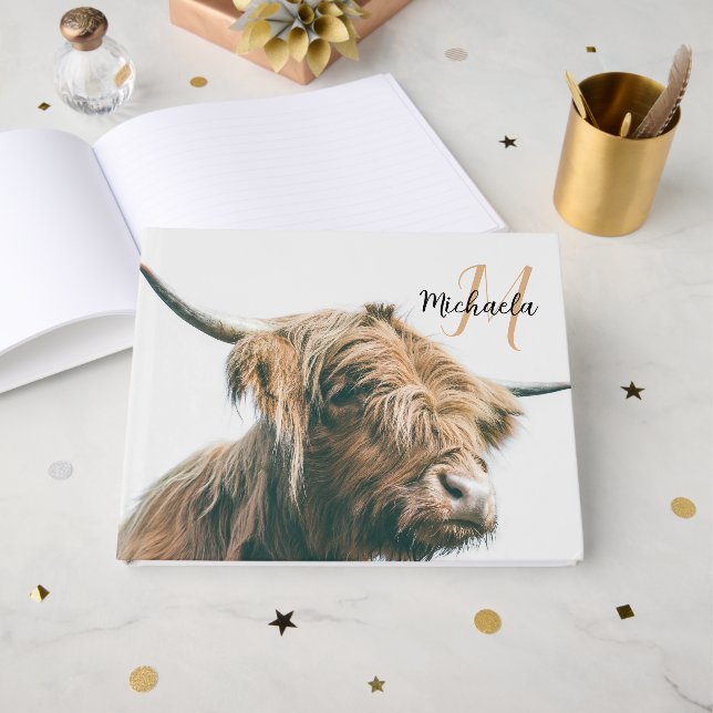Highland cow portrait custom name initial monogram guest book (Front Open)