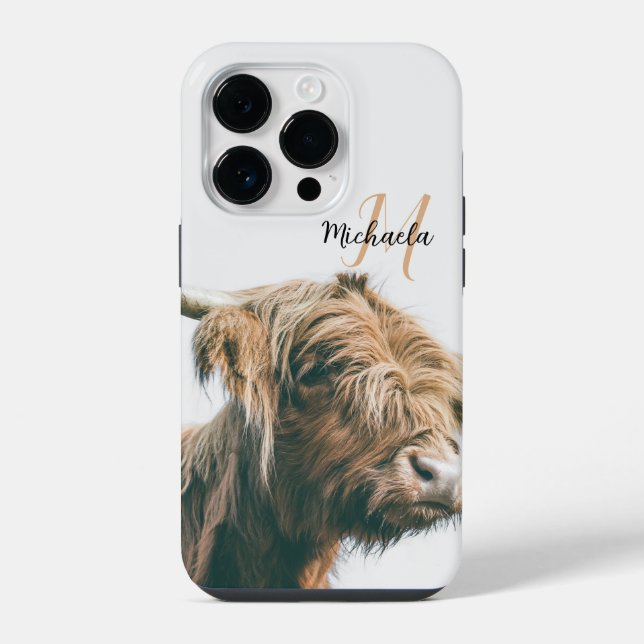 Highland cow portrait custom name initial monogram iPhone case (Back)
