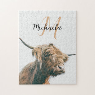 Highland cow portrait custom name initial monogram jigsaw puzzle
