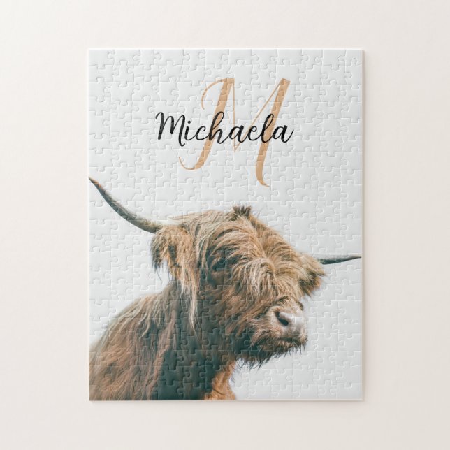 Highland cow portrait custom name initial monogram jigsaw puzzle (Vertical)