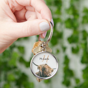 Highland cow portrait custom name initial monogram key ring