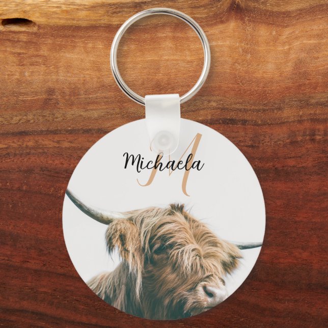 Highland cow portrait custom name initial monogram key ring (Front)