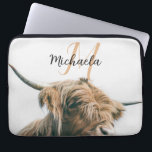 Highland cow portrait custom name initial monogram laptop sleeve<br><div class="desc">Highland cow portrait custom name initial monogram. Portrait photograph of a majestic orange brown highland cattle on a foggy day with white background.</div>