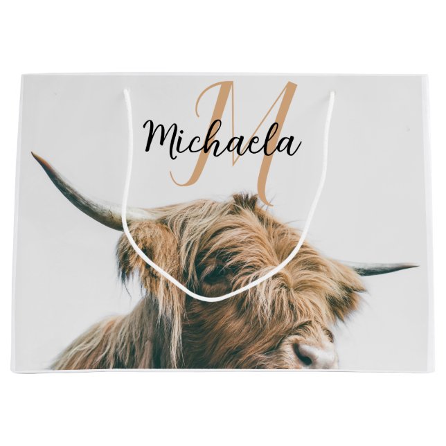 Highland cow portrait custom name initial monogram large gift bag (Front)