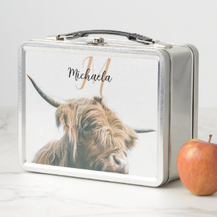 Highland cow portrait custom name initial monogram metal lunch box