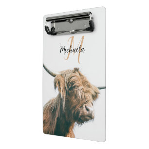Highland cow portrait custom name initial monogram mini clipboard