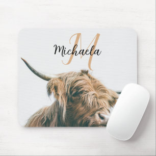 Highland cow portrait custom name initial monogram mouse pad