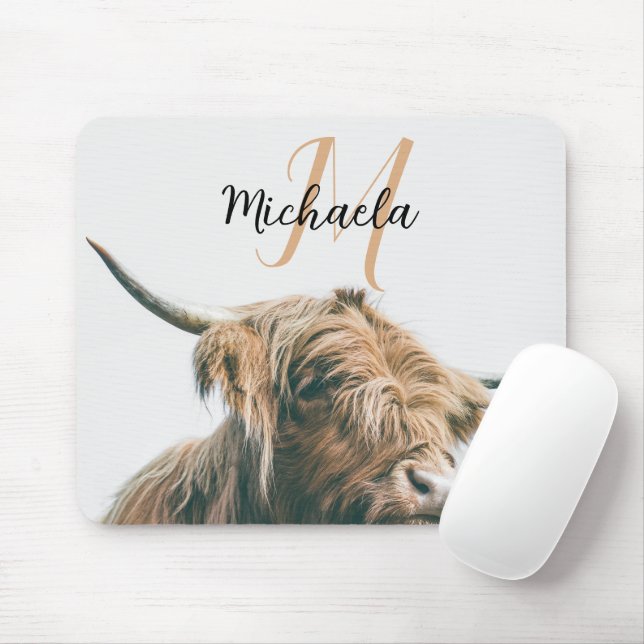 Highland cow portrait custom name initial monogram mouse pad (With Mouse)