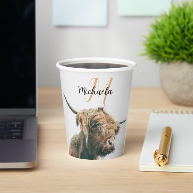 Highland cow portrait custom name initial monogram paper cups (Insitu)