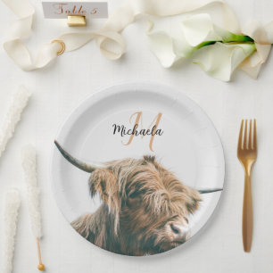 Highland cow portrait custom name initial monogram paper plate