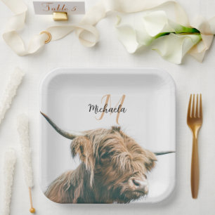 Highland cow portrait custom name initial monogram paper plate