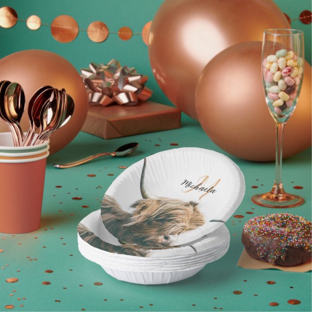 Highland cow portrait custom name initial monogram paper plate (Multi)