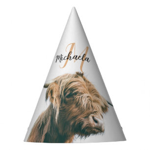 Highland cow portrait custom name initial monogram party hat